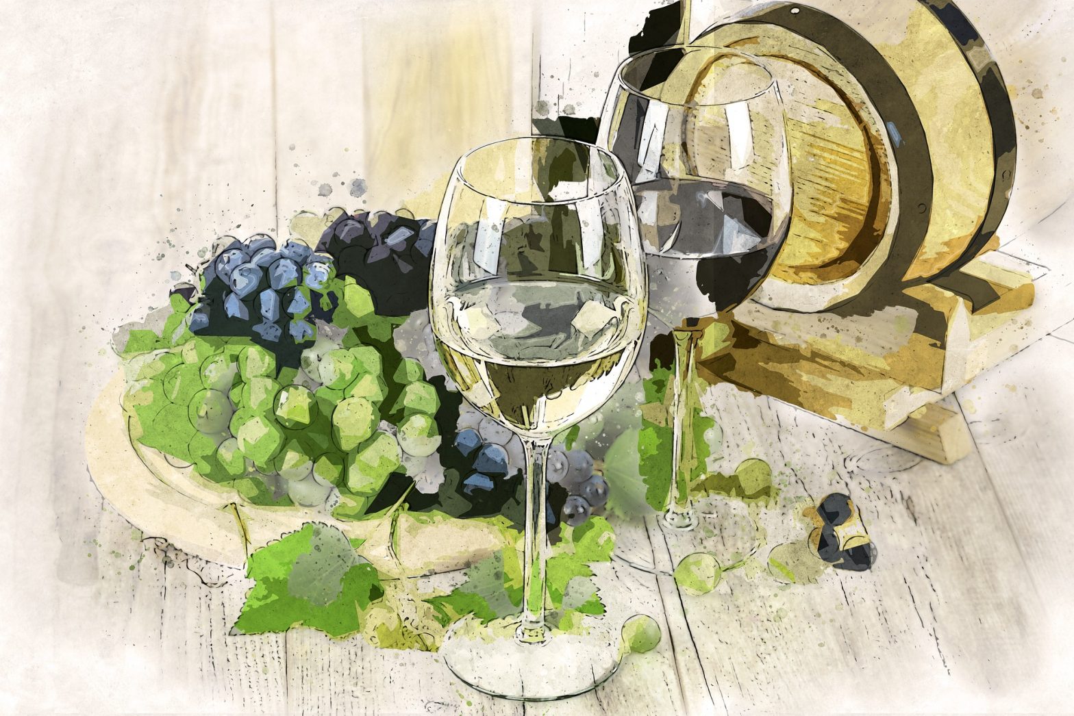 Un dessin représentant deux verres de vin blanc et du raisin